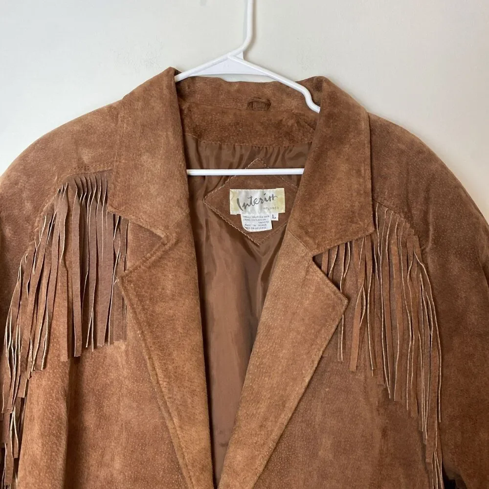 Vintage Leather Suede Fringe Jacket Women Large Brown Western Americana Cowgirl - Picture 2 of 8